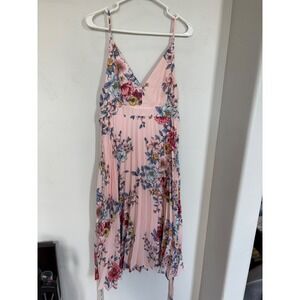 Thirty Thirty Pink Floral Pleated Midi Dress Womens XL V-Neck Tie Back‎ 6BRKY980
